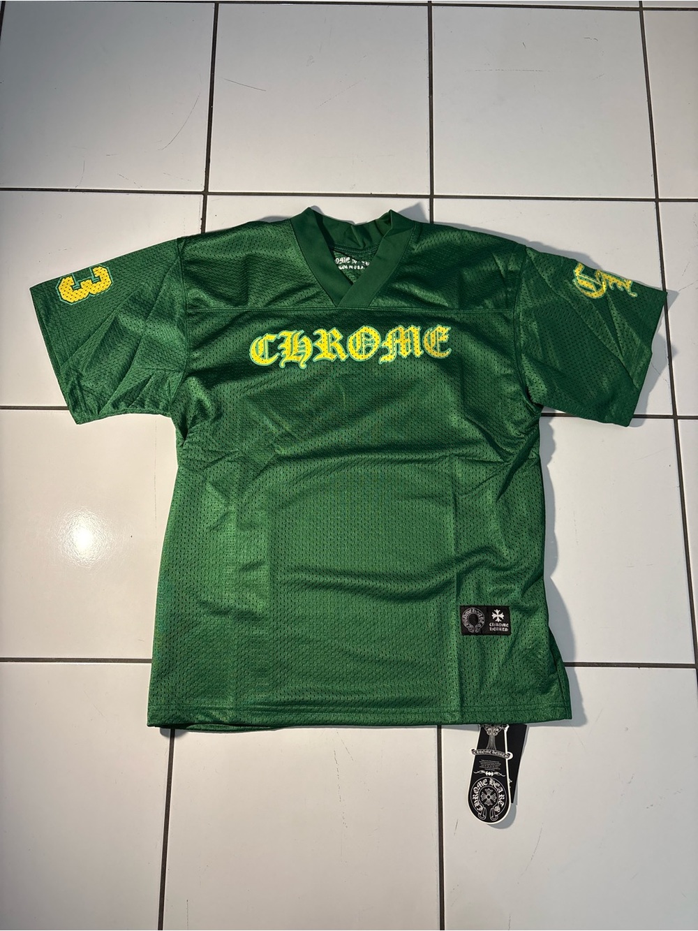Chrome Hearts Green Mesh Jersey with Yellow Gothic Logo